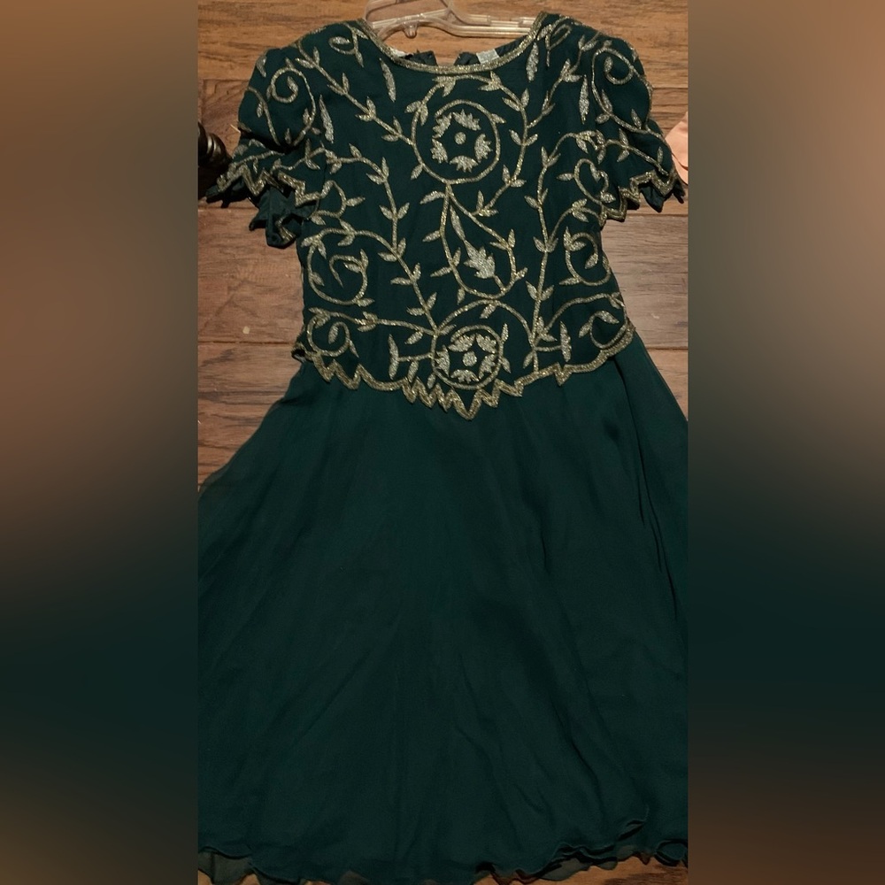 Vintage Laurence Kazar Green Silk Beaded Sequin Party Dress Petite XL